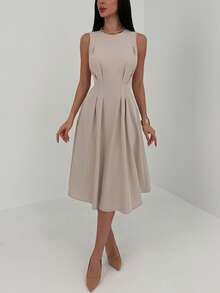 Aloruh Sleeveless Gathered Shoulder Ruched Waist Flared Hem Minimalist Commuter Dress - Khaki - View 1