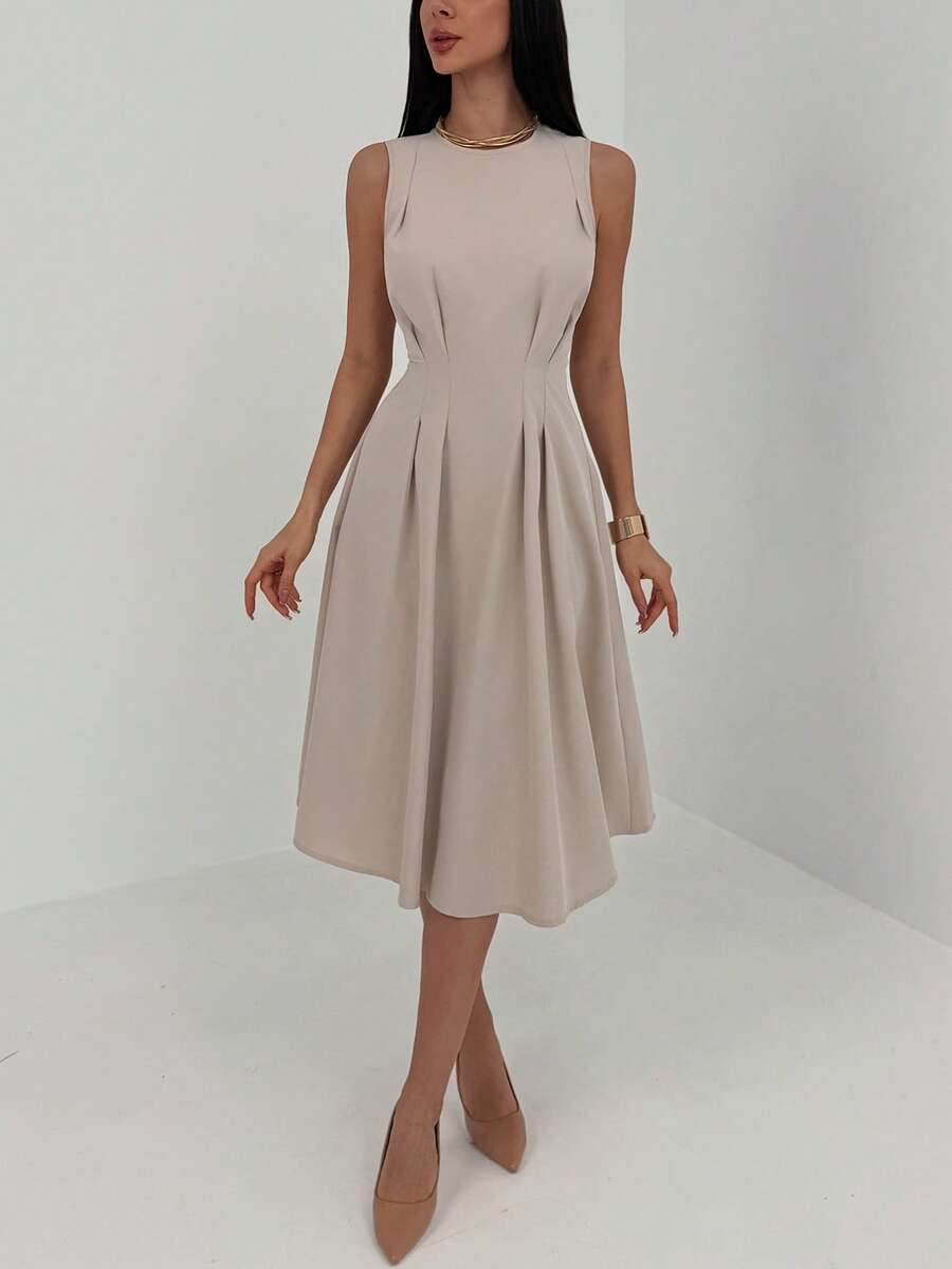 Aloruh Sleeveless Gathered Shoulder Ruched Waist Flared Hem Minimalist Commuter Dress - Khaki - View 1