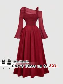 SHEIN CURVE+ Elegant Plus Size Burgundy Midi Dress With Asymmetrical Neck And Flare Wrist Length Sleeves Semi Sheer Shirred Knitted Fabric A Line Flared Hem - Burgundy - View 8