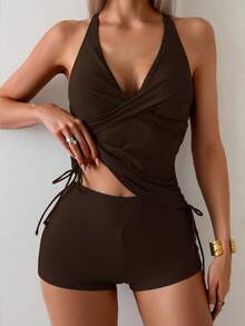 SHEIN Swim 2pcs/Set Women Twist Cup Criss-Cross Back Ruched Tie Side Swimsuit Set - Coffee Brown - View 5