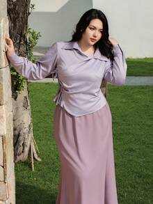 Dazy Plus Conjunto elegante de 2 peças em tafetá com camisa de gola oblíqua e saia longa, tamanho grande, ideal para encontros românticos, primavera/outono. - Roxo Empoeirado - Ver 5