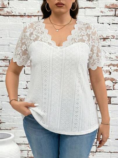 SHEIN Clasi Plus Size Summer Solid Color Contrast Lace Hollow Out Embroidery T-Shirt