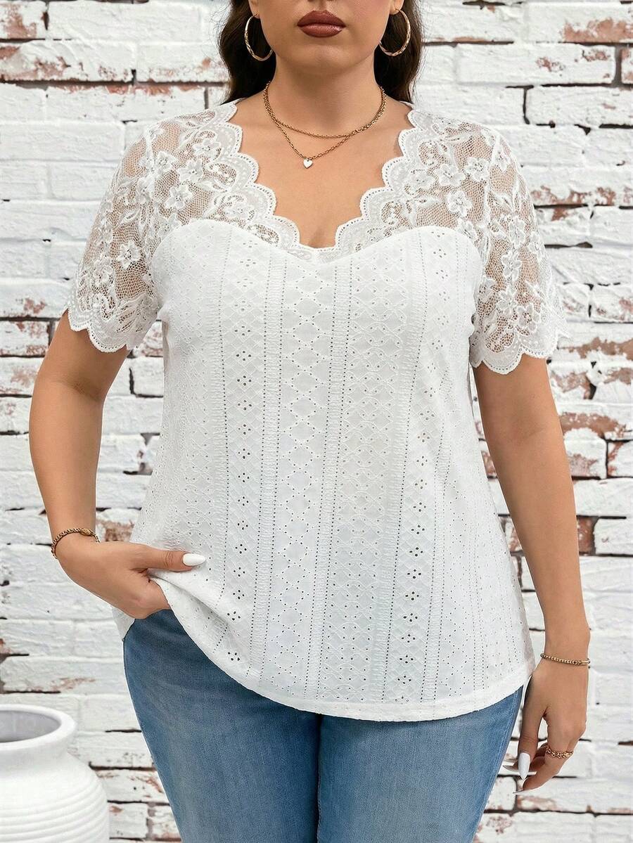 SHEIN Clasi Plus Size Summer Solid Color Contrast Lace Hollow Out Embroidery T-Shirt - White - View 1