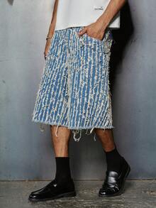 PAVTROS 男士夏季休闲时尚街头度假风毛边宽松牛仔短裤 - 藍色 - 查看 4