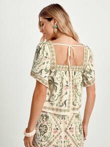 CAJUNI 女士休闲度假水彩花卉棕榈树印花方领短袖可爱上衣，适合户外穿着 - 黃色 - 查看 5