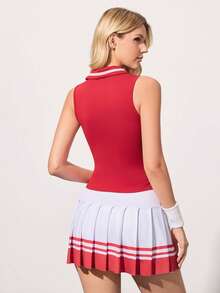 CourtClass Women's Minimalist Quarter Zip Sleeveless Sports Polo Shirt, Summer - Burgundy - View 2