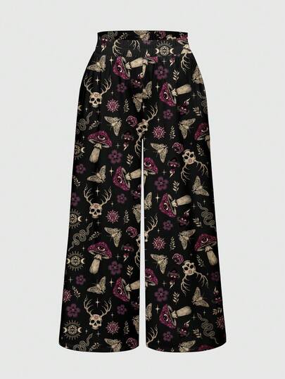 ROMWE Goth Pantalon ample et évasé grande taille avec imprimés mystérieux d'œil, de champignon, de papillon, de soleil et de lune pour femmes, style bohème