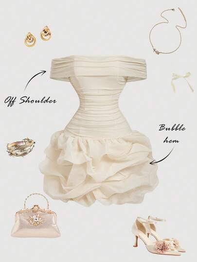 SHEIN MOD 女士纯色褶皱露肩荷叶边下摆时尚迷你连衣裙