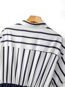 GlowEve CURVE Đầm dài tay ngắn cổ bẻ tối giản thanh lịch dành cho nữ cỡ lớn, thắt eo, phối sọc, màu trơn, thích hợp cho mùa xuân/hè. - Màu xanh lam - Xem 6