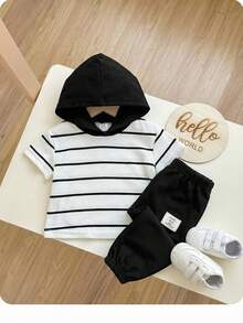 2pcs Baby/Toddler Striped Hoodie Sleeveless Top And Jogger Pants Set, Casual Outfit For Spring/Autumn - Black - View 3