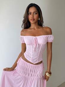 Aloruh Women's Valentine's Day Solid Pink Lace Contrast Mesh Off-Shoulder Petal Sleeve Ruched Hem Top - Baby Pink - View 1