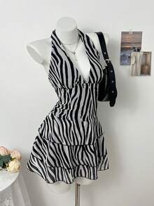 Elamini 女士时尚斑马纹露背吊带连衣裙，夏季