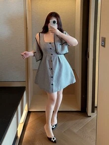 Vibekara 大码碎花两件套：短袖外套和无袖连衣裙，适合约会和通勤的休闲装，春夏款 - 黑與白 - 查看 8