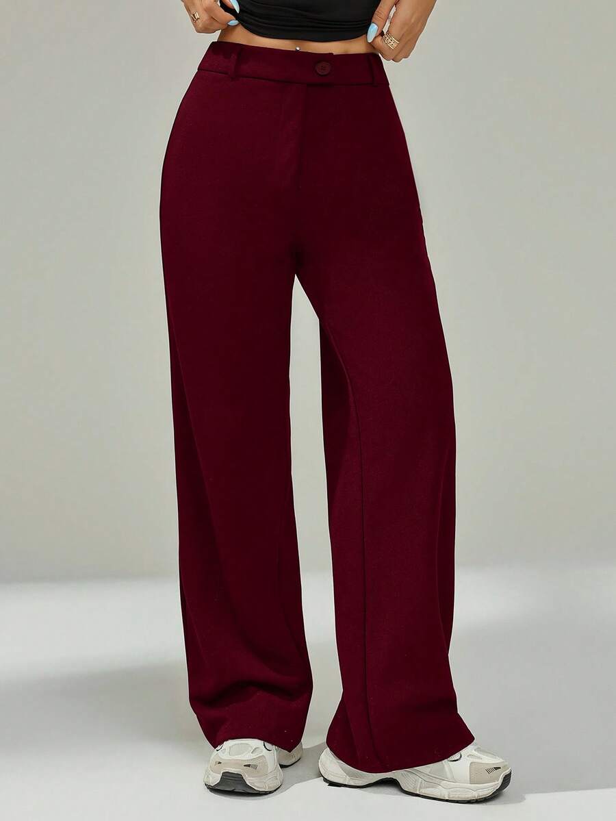 SHEIN PETITE 女士弹力纯色优雅西装裤，秋冬搭配 - 酒紅色 - 查看 1