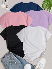 INAWLY 5PCS Women's Slogan Letter Printed T-Shirt Short Sleeved Casual Top Graphic Tees Women Tops - Multicolor - View 2