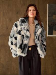 Hansera Autumn/Winter New Black & Gray Leopard Print Faux Fur Coat, Women's New Winter Lapel Faux Fur Coat, Christmas Dress, Christmas Women's Wear, Christmas Clothing, Women's Autumn/Winter Wear, Women's Autumn Wear, Winter Clothing, New Year Clothing, New Year Clothing, Black & Gray Coat, French Elegant Warm Coat, Skin-Friendly Comfortable Fabric, Slimming Silhouette, Fashionable Women's Versatile Warm Faux Fur Coat - Grey - View 3