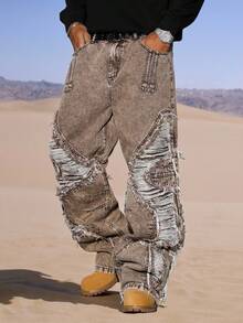 Manfinity Roghcode 男士休闲做旧拼接卡其色牛仔裤 - 卡其色 - 查看 4