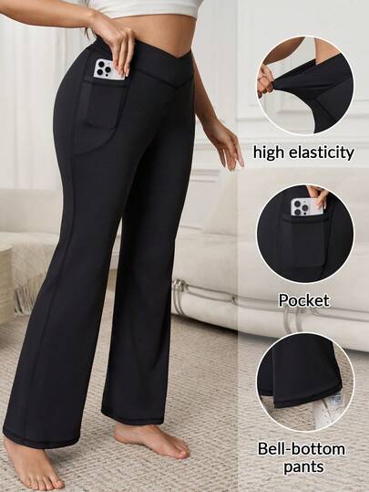SHEIN LUNE Plus Size Women's Solid Color Casual Flared Pants With Pockets High Elasticity Sports And Leisure Versatile Birthday Elegant