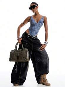 LYSMO 性感女士V领高衩雪花连体泳衣 - 深灰色 - 查看 4