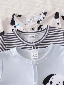 Newborn Cute Cartoon Theme Blue Striped Puppy Design Long Sleeve Footie Romper Set - Multicolor - View 6