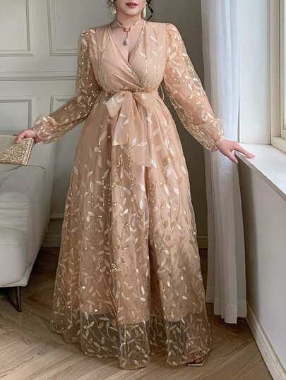 Dazy Plus Vestido con cuello en V, parche de encaje de gasa, cintura ceñida, manga farol. Estilizador, talla grande, adecuado para banquetes, citas, fiestas, primavera/verano