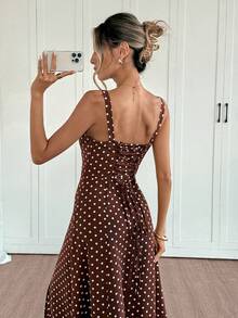 Siren Gaze 女士优雅波点印花开衩吊带中长连衣裙，夏季 - 棕色 - 查看 5