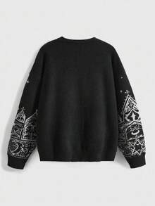 ROMWE Goth 大码女式哥特式教堂城堡星月嵌花套头毛衣，休闲秋冬款 - 黑色 - 查看 2