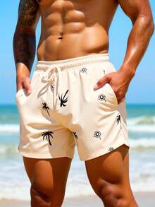 Manfinity Swimmode Pantalones cortos de playa con cintura elástica, cordón y bolsillo con estampado de palmeras para hombres - Albaricoque - Ver 4