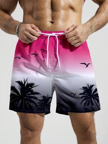 Manfinity KASUA Men's Elastic Waist Drawstring Pocket Palm Tree Print Beach Shorts, Holiday - Hot Pink - View 3