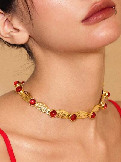 Glisma Elegant & Fashionable Faux Gemstone Inlaid Necklace, Sophisticated Design, Ideal Birthday Gift For Women,Old Money,Outfits,Classy,Metallic/Texture,Vintage,Elegant,For Mom/Women/Girl/Mother,Gemstone