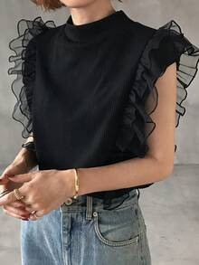 FRIFUL Women's Turtleneck Ribbed Tank Top With Mesh Ruffle Trim Sleeveless Patchwork T-Shirt - Black - View 4
