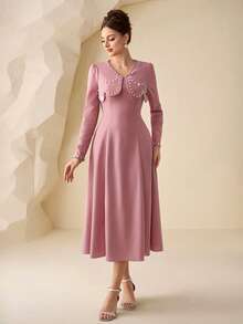 Modelyn Women's Spring/Summer Knitted Pink Long Sleeve Bubble Pearl 2 In 1 Cinched Waist A-Line Elegant DressElegant Pink Peter Pan Collar Pearl Detail A Line Midi Dress With Puff Long SleevesWomen's Sophisticated Dull Pink Pearl Embellished Peter Pan Collar Long Puff Sleeve A Line Midi Dress - Pink - View 5