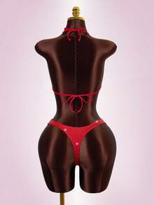 Zestiva Women's 2 Pieces Rhinestone Embellished Halter Neck Cutout One-Piece Swimsuit With Tie-Up Skirt, Summer,Carnival Women Look 2026,Valentine's Day Outfit,Beach Outfit,Party,Red,Sparkly Dress - Red - View 7