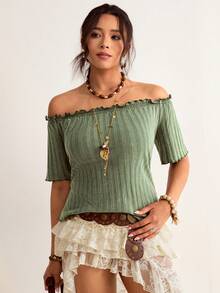 Freevana Plus Size Casual Solid Color Off-Shoulder T-Shirt Summer Tops Going Out Tops Western Vest, Business Casual, Bohemian, Summer Top Green Summer Top Ribbed Off Shoulder Top Off The Shoulder Top Sage Green Top Ribbed Knit Top - Olive Green - View 2