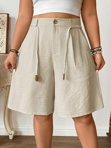 Breezaya 大码仿亚麻材质，束腰直筒五英寸短裤，休闲百搭，适合外出、度假、约会和派对穿着。 - 杏色 - 查看 1