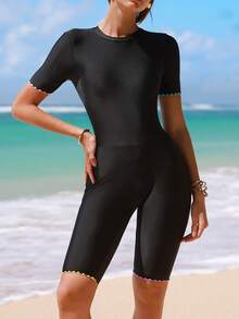 Swim Shayni 女士圆领短袖修身休闲夏季沙滩连体泳衣 - 黑色 - 查看 5