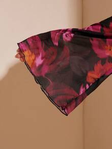 SHEIN BAE Plus Size Vintage Paisley Print Front Tie Knit Top, Flare Sleeve Sheer Mesh Printed Blouse, Summer Vacation/Long Sleeve Top/Summer Top/Formal Top For Women/Fall Wedding Guest Top Curve/Club Women Sexy/Teacher/Halloween/Airport/Western/Back To School/Birthday Top - Purple - View 7