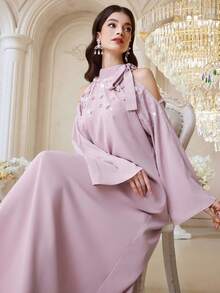 Al Najma 女士3D立体花卉装饰露肩长袖阿拉伯风格连衣裙 - 粉色 - 查看 3