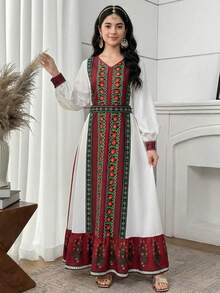 SHEIN White,Autumn,Elegant,Bachelorette Party,Family Matching Vintage Geometric Retro Print Waist Cinched Long Sleeve Lantern Sleeve Arabic Jalabiya Dress - Multicolor - View 3