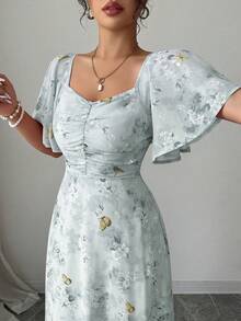 Modelyn 女士雪纺蝴蝶印花蝙蝠袖百褶甜美法式夏装