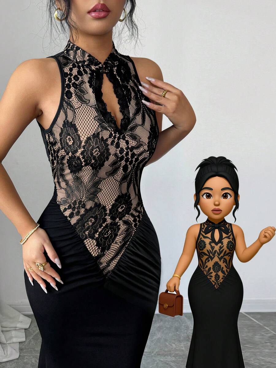 Rafferiza French Sexy Elegant Cheongsam-Collar Hollow-Out Lace Patchwork Black Dress, Suitable For Vacation, Evening Party, And Social Gathering Black Lace Dress Sexy Dinner Outfits Women Sexy Black Dress Women Black Sexy Dress Black See Through Dress Black Bodycon Dress Sexy Dinner Dress Valentine's Day Black Sexy Dress Women Slay Diva Dress Black Lace Evening Dress Slim Fit Black Dress See Through Black Dress - Black - View 1