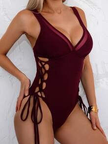 Swim Basics 1件装女士纯色网纱拼接系带连体沙滩装 - 酒紅色 - 查看 4