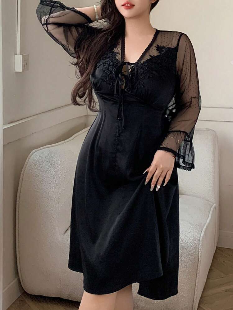 Dazy Plus Contrast Lace Flare Sleeve Wrap Long Black Nightgown, Elegant Sleepwear
