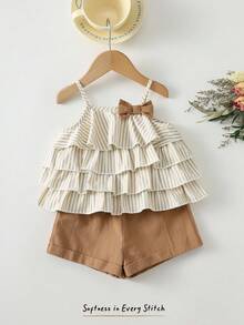 Cozy Pixies 2pcs Baby Girl Vacation Striped Ruffle Layered Camisole Top And Elastic Waist Shorts Set - Khaki - View 8