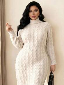 Elenzga 女士优雅高领长袖宽松大码毛衣连衣裙，女士冬季针织连衣裙，外套 - 杏色 - 查看 1