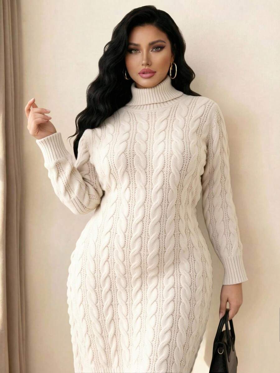 Elenzga 女士优雅高领长袖宽松大码毛衣连衣裙，女士冬季针织连衣裙，外套 - 杏色 - 查看 1