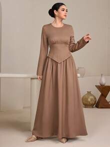 Graceveil Women's Solid Color Round Neck Long Sleeve Ruched Waist Elegant Dress Brown Long Dress Modest Elegant Dress Long Sleeve Dress Brown Dress Women Earth Tone Dress - Brown - View 2