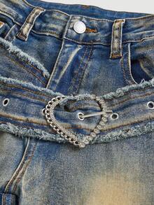 SHEIN Girlism 少女Y2K复古水洗高腰水洗心形扣带喇叭牛仔裤，适合街头服饰和情人节穿着 - 深色水洗藍 - 查看 3