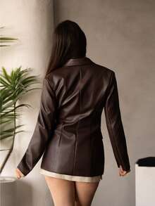 Andrea Bello 女式复古勃艮第红束腰仿皮 PU 西装外套，适合秋冬季办公室、万圣节、感恩节、圣诞节 - 巧克力棕 - 查看 2