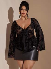 SHEIN BAE Plus Size Women's Black Long Sleeve Flared Sleeve Tie Front Top, Flocked Elegant Blouse,Birthday Party,Elegant Top,Winter For Women, Summer,Cozy Fall And Winter For Women,Halloween Costume, Christmas For Women,New Year,Thanksgiving Top - Black - View 6
